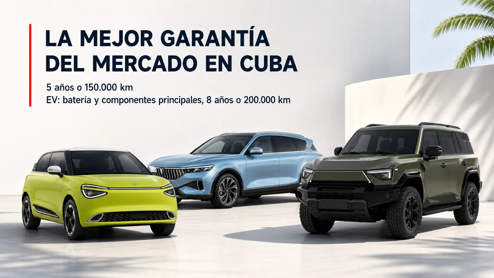 Collage editorial de tres modelos Dongfeng Cuba con mensaje sobre la nueva garantía principal y cobertura eléctrica.